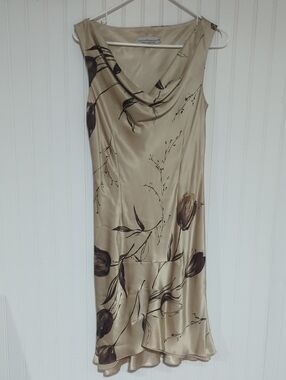 Sleeveless Beige Floral Cowl Neck Midi Dress